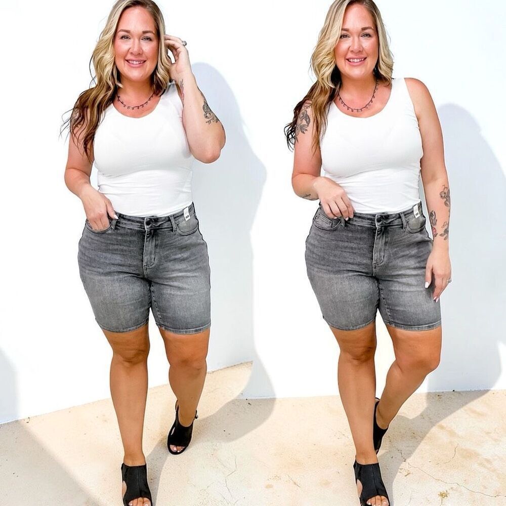 Judy Blue Jean Shorts | Gray Acid Wash High Rise Bermuda | Stretch Denim | NWT - Picture 6 of 16
